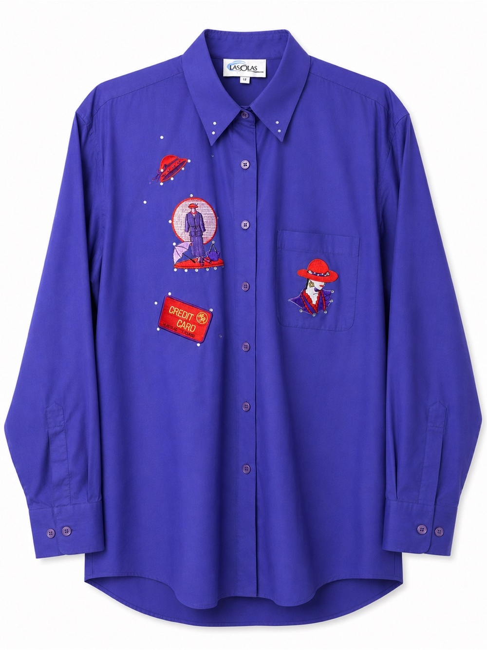 Vintage Las Olas Purple Novelty Embroidered Button Shirt Rhinestone Art Blouse M